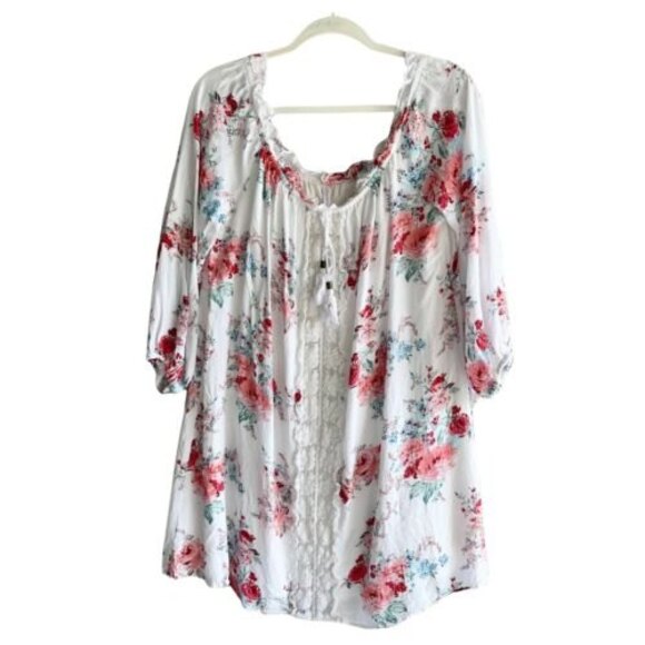 Xhilaration Tunic Dress Size XXL Off the Shoulders White Lace Pink Floral Casual - Picture 10 of 11